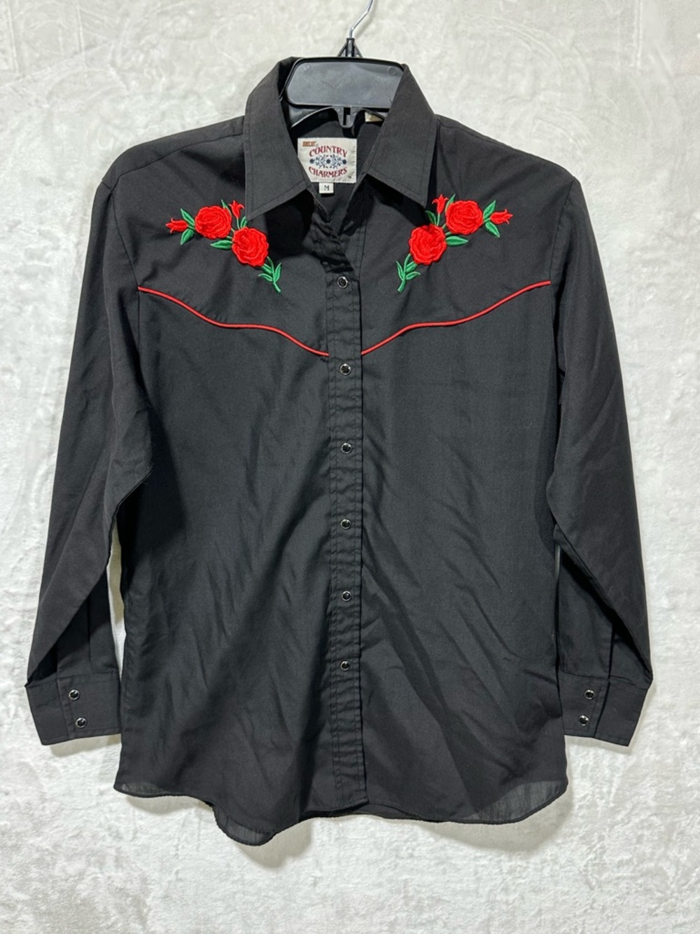 ELY Country Charmers Black Red Embroidered Western Wear long sleeve shirt size M
